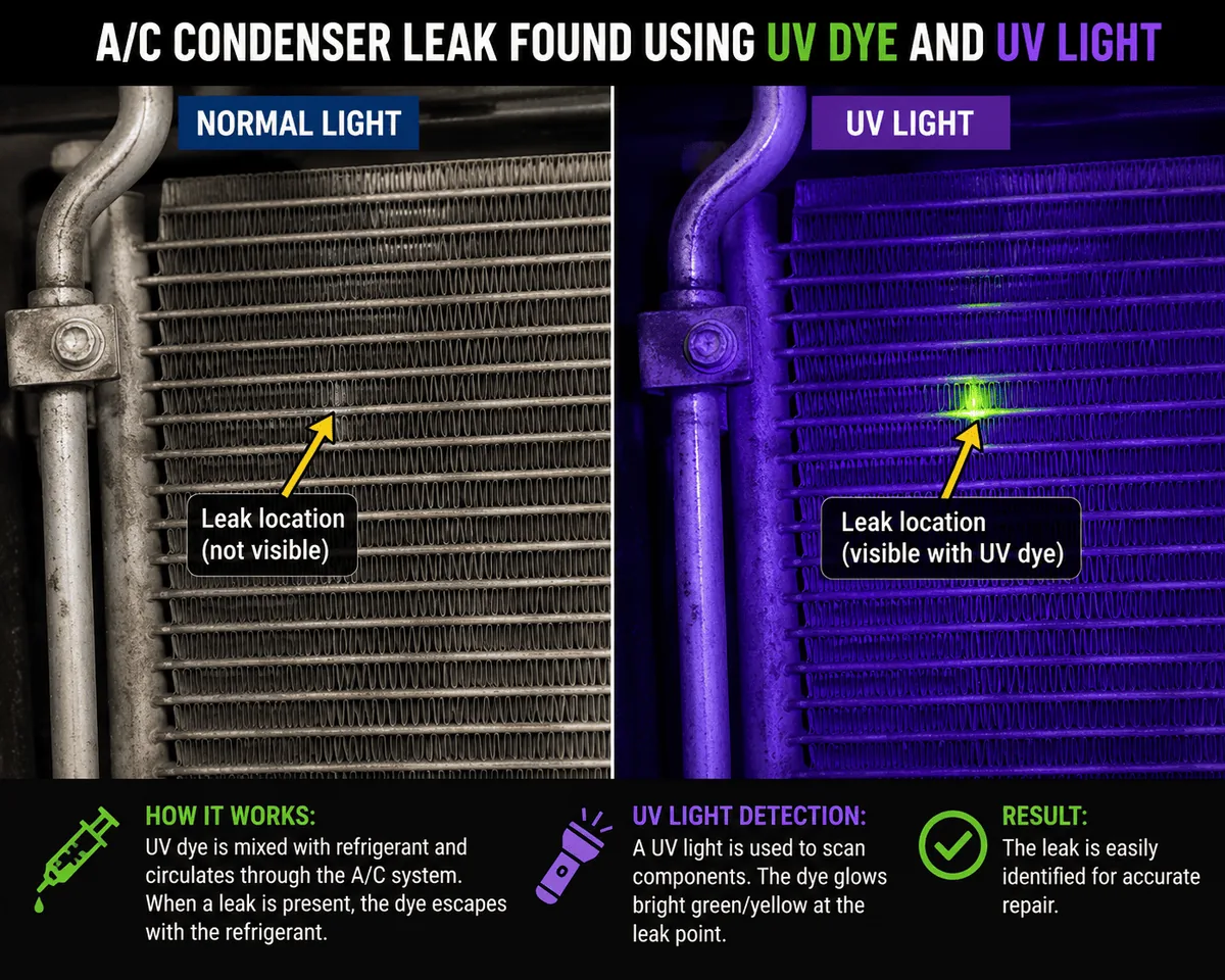 A/C condenser leak found using UV dye and UV light during AC repair in Mississauga