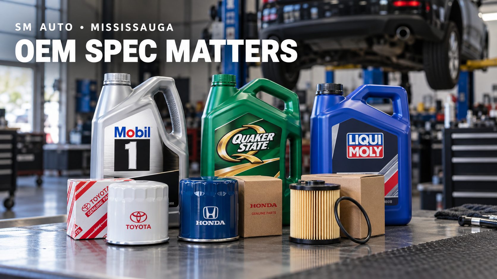 Mobil 1, Quaker State and Liqui Moly synthetic oil with genuine Toyota and Honda OEM oil filters — OEM spec oil change at SM Auto Mississauga